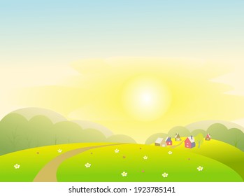 Vector illustration of a summer landscape. Sun, meadow, flowers, trees and village houses.