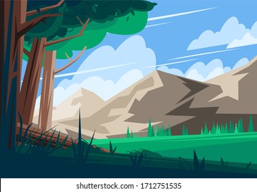 Dibujo vectorial de un paisaje estival con árboles en primer plano y una cordillera en segundo plano