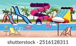 Vector illustration of a summer landscape with a water park. Cartoon scene of a swimming pool with colored water slides, inflatable circles, palm trees, sun umbrellas, deckchairs, a cocktail table.