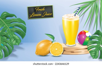 vector illustration summer and lemon juice ad design with lemon juice glass and tropical leaves,use for summer advertising and tasty fruits concept.