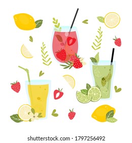 Vector illustration of summer lemonades and mojito cocktail with strawberry and lemons. 