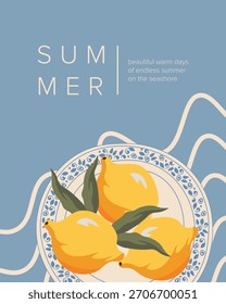 Ilustração vetorial. Limões de verão, cartão postal, banner, capa. Olá verão, frutas cítricas.