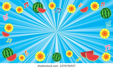 vector illustration of summer light-blue flash with gradation -sunflower and watermelon and musical note-