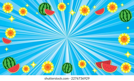 vector illustration of summer light-blue flash with gradation -sunflower and watermelon and glitter-