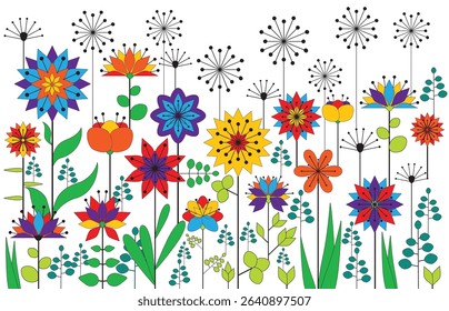 Vector illustration of summer meadow. Background decorated with vibran colors blooming flowers. Spring, easter, summer theme with flat folk geometric style flowers isolated on white background.	