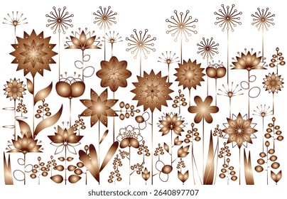 Vector illustration of summer meadow. Background decorated with metallic copper blooming flowers. Spring, easter, summer theme with flat folk geometric style flowers isolated on white background.	