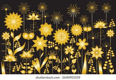 Vector illustration of summer meadow. Background decorated with metallic golden blooming flowers. Spring, easter, summer theme with flat folk geometric style flowers isolated on black background.	