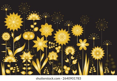 Vector illustration of summer meadow. Background decorated with metallic golden blooming flowers. Spring, easter, summer theme with flat folk geometric style flowers isolated on black background.	