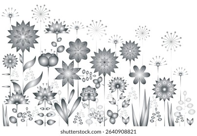 Vector illustration of summer meadow. Background decorated with metallic silver blooming flowers. Spring, easter, summer theme with flat folk geometric style flowers isolated on white background.	