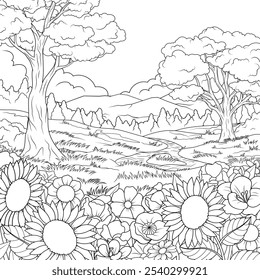 Ilustración vectorial, prado de verano con girasoles, libro para colorear