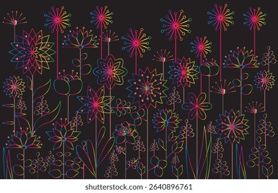Vector illustration of summer meadow. Vibrant gradient rainbow colors blooming flowers. Spring, easter, summer theme with flat folk geometric style flowers isolated on black background.	