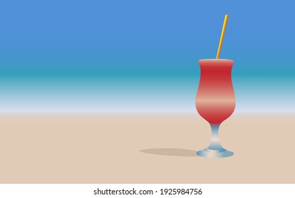 vector illustration summer mood image glass goblet with cocktail and straw standing in the sand by the sea
