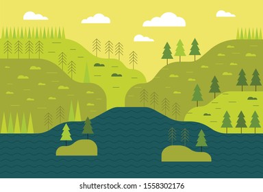 Vector illustration of summer mountain.  Hill landscape with pines and bushes. Beautiful scenery with green color and lake.  It is usable for postcard, book cover and background.