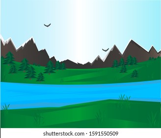 
Vector illustration of a summer mountain landscape with a river.