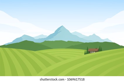 Vector illustration: Summer Mountains alpine landscape with fields and house