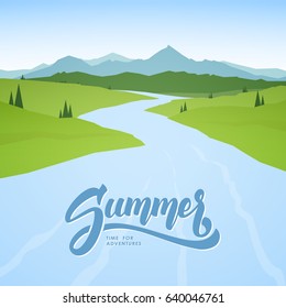 Vector illustration: Summer mountains background with river on foreground. 