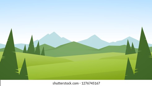 Vector illustration: Summer Mountains landscape with hills and green pines on foreground.