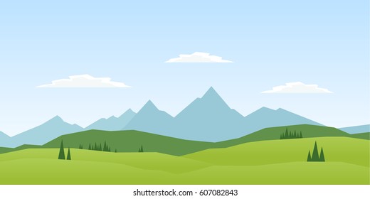 Vector illustration: Summer Mountains landscape with pines and hills.