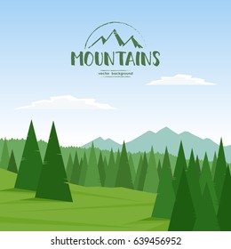 Vector illustration: Summer Mountains landscape background with pines and hills.
