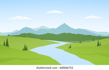 Vector illustration: Summer mountains landscape with river on foreground. 