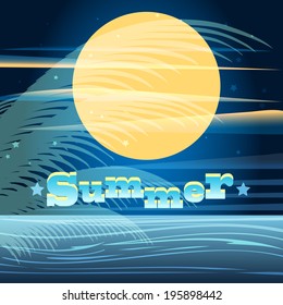 A vector illustration of summer night seascape with full moon and palm leaves