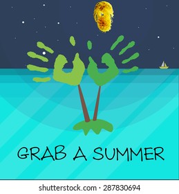 Vector illustration of summer night with tropical island and palms