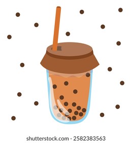 Vector illustration of a summer non-alcoholic coffee drink in a glass cup with a lid and a straw. Bubble tea with chocolate pearls.