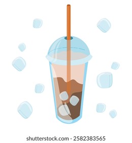 Vector illustration of a summer non-alcoholic coffee and milk drink in a glass cup with a large straw and ice cubes.