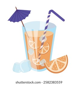 Vector illustration of a summer non-alcoholic drink in a large glass with a straw and a paper umbrella. An orange cocktail with ice.