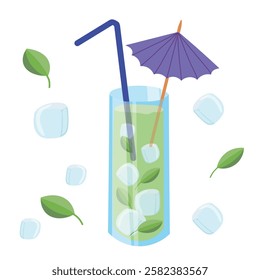 Vector illustration of a summer non-alcoholic drink in a tall glass with a straw and a paper umbrella. Mojito with ice cubes and mint leaves.