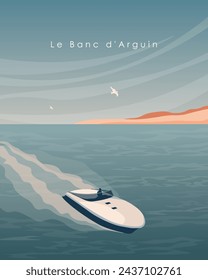 Vector illustration. Summer, ocean, boat. Poster design, vertical banner, postcard, cover. Modern style.