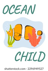 Vector illustration. Summer Ocean Child postcard template with fish.