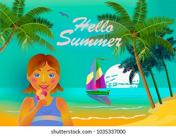 Vector illustration of summer on beach girl eating ice cream