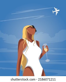 Vector illustration in the summer on the beach on vacation a blonde girl without a face in a white swimsuit holds a glass of champagne in her hand and looks into the sky a plane flies
