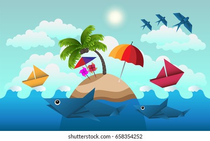 vector illustration of summer on beach.  design of paper art style