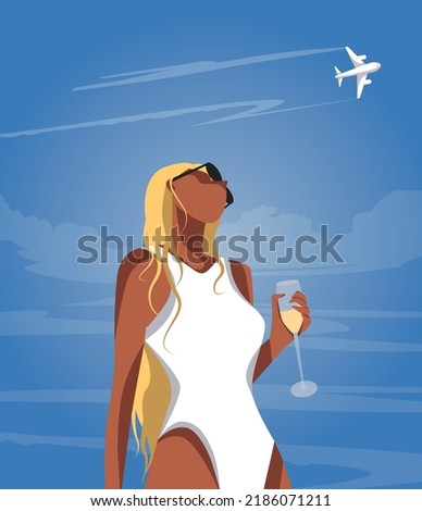 Vector illustration in the summer on the beach on vacation a blonde girl without a face in a white swimsuit holds a glass of champagne in her hand and looks into the sky a plane flies