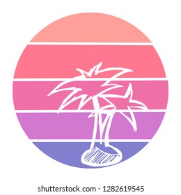 Vector Illustration of Summer Palm Trees with Circle Sunset of Red, Pink, and Violet Color. Graphic Design for Background, T-shirt, Template, and More