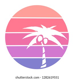 Vector Illustration of Summer Palm Trees with Circle Sunset of Red, Pink, and Violet Color. Graphic Design for Background, T-shirt, Template, and More
