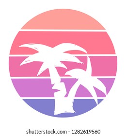 Vector Illustration of Summer Palm Trees with Circle Sunset of Red, Pink, and Violet Color. Graphic Design for Background, T-shirt, Template, and More