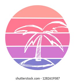 Vector Illustration of Summer Palm Trees with Circle Sunset of Red, Pink, and Violet Color. Graphic Design for Background, T-shirt, Template, and More