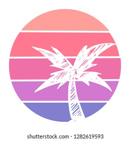 Vector Illustration of Summer Palm Trees with Circle Sunset of Red, Pink, and Violet Color. Graphic Design for Background, T-shirt, Template, and More
