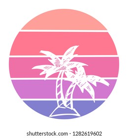 Vector Illustration of Summer Palm Trees with Circle Sunset of Red, Pink, and Violet Color. Graphic Design for Background, T-shirt, Template, and More