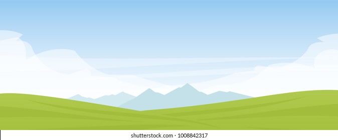 Vector illustration: Summer panoramic cartoon flat landscape with mountains, hills and green field.