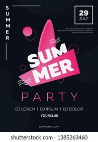 Vector illustration, summer party, banner, poster, flyer, inspired by the disco music of the 80s, 3d background, neon, sunset party. Nightclub, sun, beach, surfboard pink.