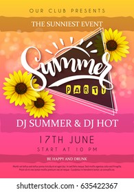 vector illustration of summer party poster with triangle frame and sunflower flowers and hand lettering text - summer.