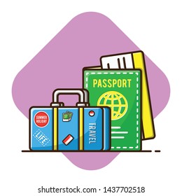 Vector illustration of summer passport and suitcase for travel. suitcase blue with sticker, passport travel. Flat cartoon style suitable for web landing page, banner, flyer,
