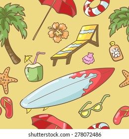 Vector Illustration of summer pattern with surf, palm, blossom, sunscreen, sun glasses, umbrella, deck chair, coconut, starfish
