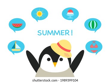 Vector illustration of summer. Penguin, sun, watermelon, shaved ice, swimwear, yacht.