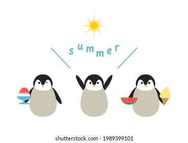Vector illustration of summer. Penguins, sun, watermelon, shaved ice, ice cream.