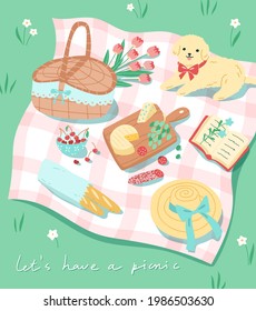 Vector illustration of a summer picnic concept in modern cartoon style. Outdoor lunch of a cheese platter, fruit and baguette. Relaxing picnic time with a dog, nice meal and nice weather.